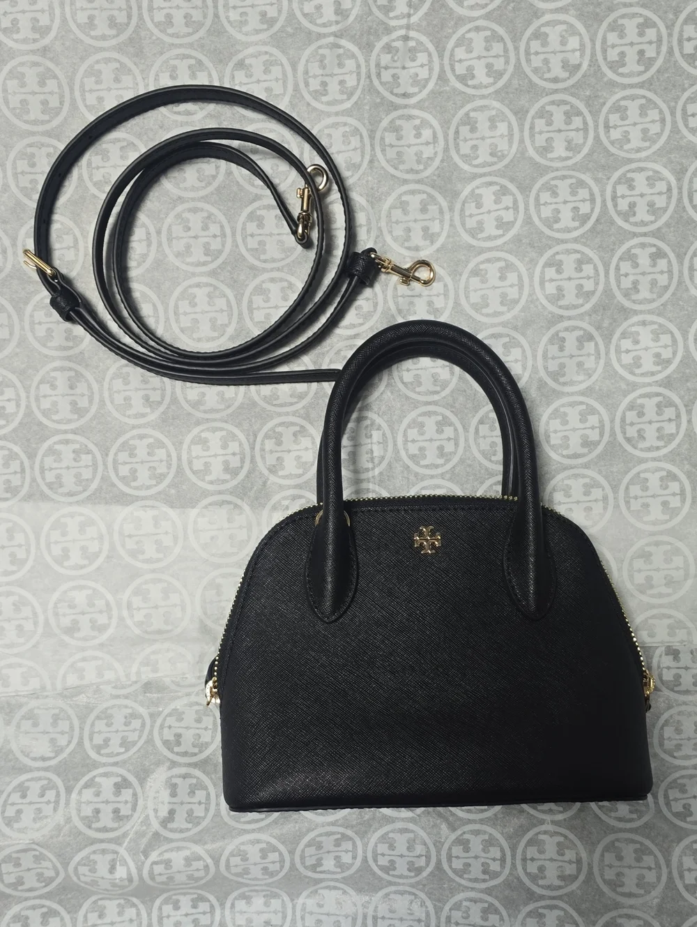 Tory Burch Black Dome Satchel with Gold Hardware and Detachable Strap